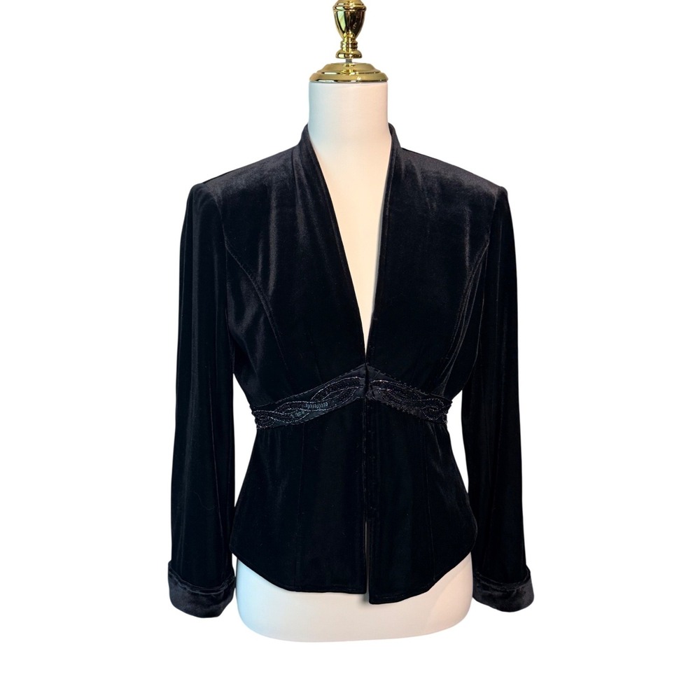 Vintage Y2K Adrianna Papell Boutique Black Velvet Beaded Evening Jacket Size 6
